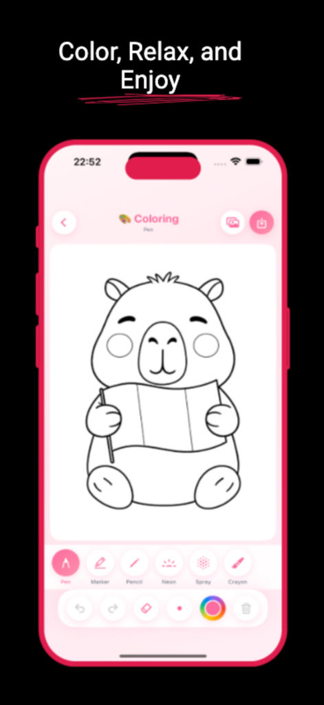 Capybara Coloring – Cute Art - Capture d'écran iPhone de l'application Coloriage Capybara montrant un dessin de capybara mignon et divers outils de coloriage
