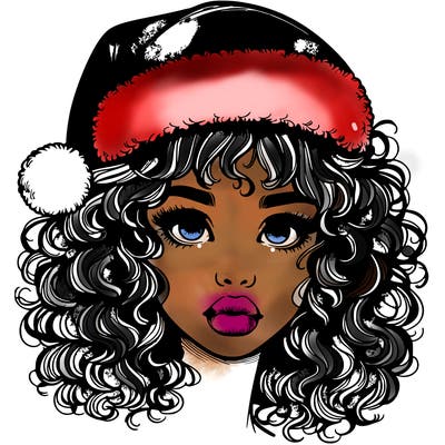 realistic girl with a santa hat curly hair and lips