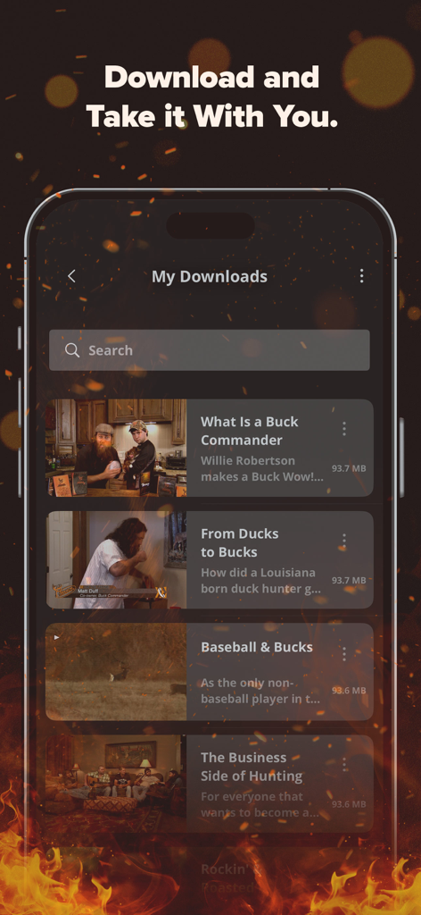 MyOutdoorTV app screen showing downloaded hunting and fishing videos for offline access