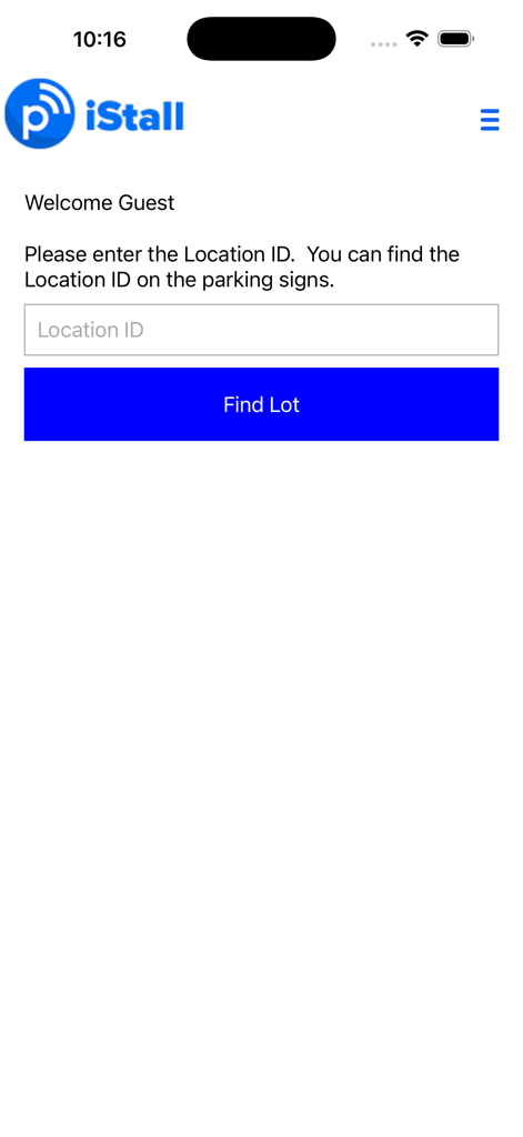 iStall - iStall mobile app guest welcome screen featuring a Location ID entry field and a Find Lot button
