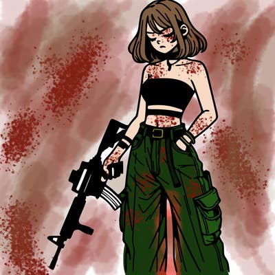 a dangerous girlcrop top and baggy jeans with a rifle in her hand