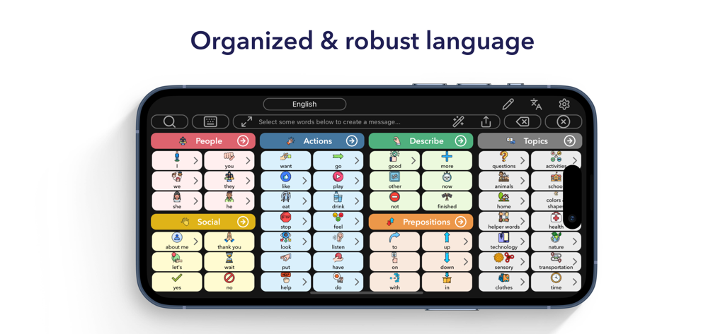 Flexspeak AAC - Flexspeak AAC app interface displaying organized communication buttons and categories on a smartphone.