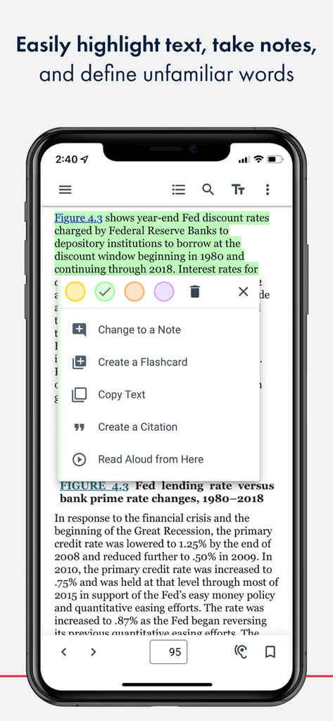 RedShelf - A smartphone showing the RedShelf app with a digital textbook page where text is highlighted and a menu displays options to create notes, flashcards, and citations.