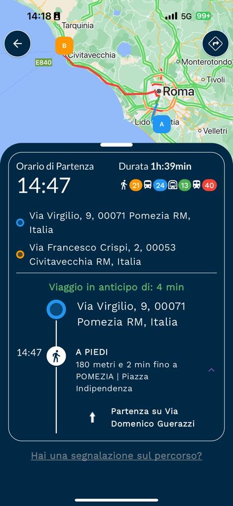 Astral Infomobilita app showing a travel itinerary between Pomezia and Civitavecchia on a map of Rome