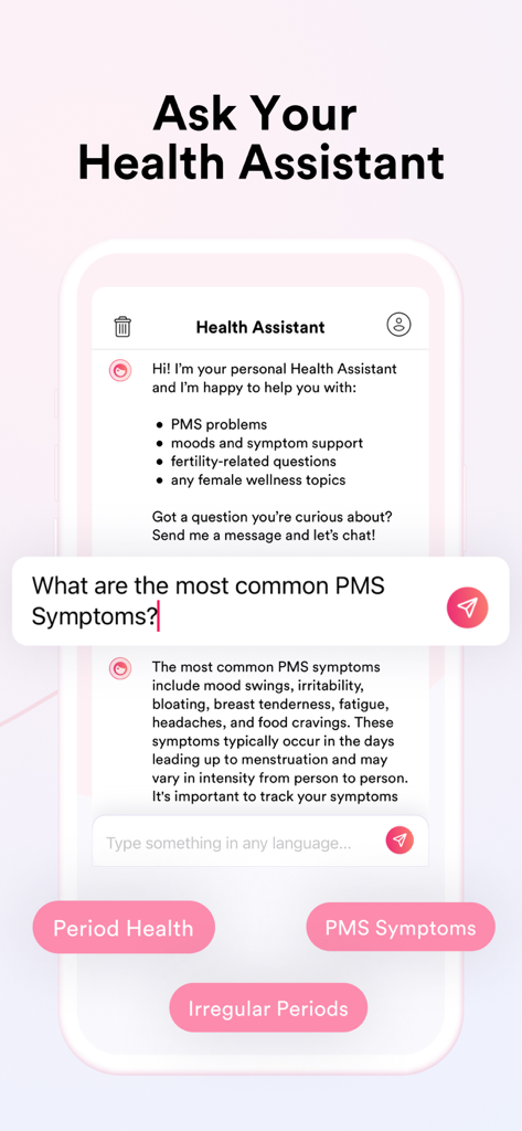 IVY Period & Pregnancy Tracker - IVY app AI Health Assistant chat interface providing information on PMS symptoms