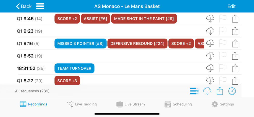 Keemotion app screen showing tagged basketball game sequences and player actions