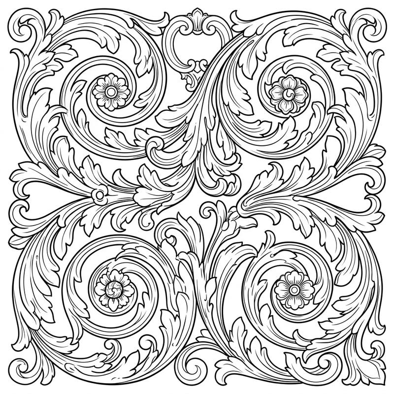Experience the opulent beauty of the Baroque era with this stunning scrollwork coloring page. Its elaborate spirals, lush leaves, and delicate flowers offer a sophisticated and rewarding creative challenge.