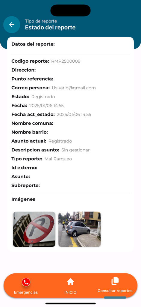 INTRANT RD - INTRANT RD App-Bildschirm, der den Status und Fotobeweise für einen Bericht über Falschparker anzeigt