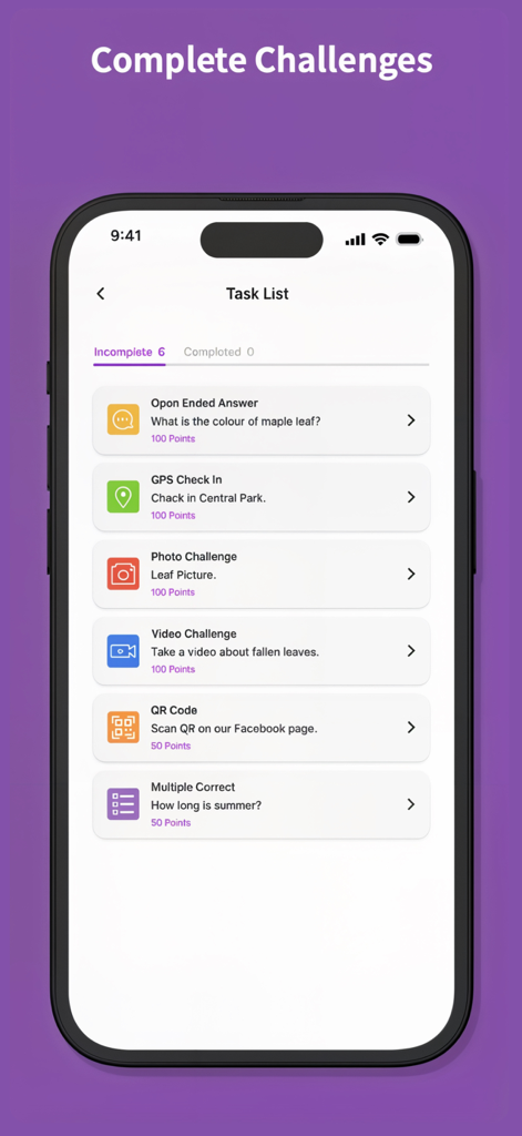 Hoople - Task list screen in the Hoople app showing GPS check in photo and video challenges