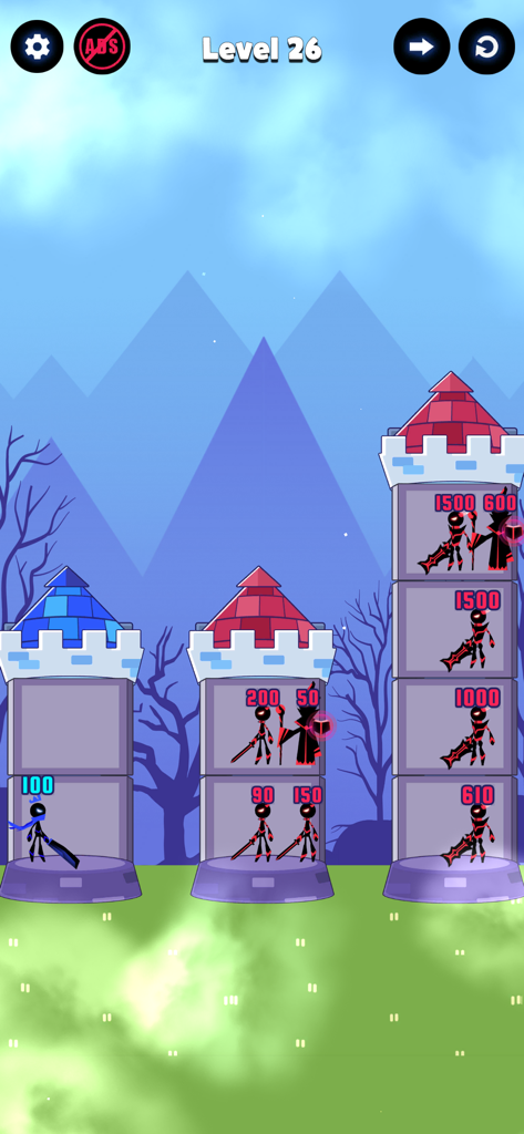 Hero Castle War: Tower Attack - A stickman hero with 100 power level faces towers of enemies with numerical power levels in a math-based puzzle game.