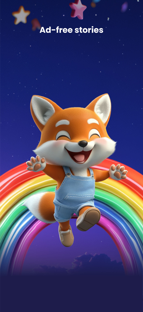 A happy cartoon fox character jumping on a rainbow under a starry sky with the text Ad free stories