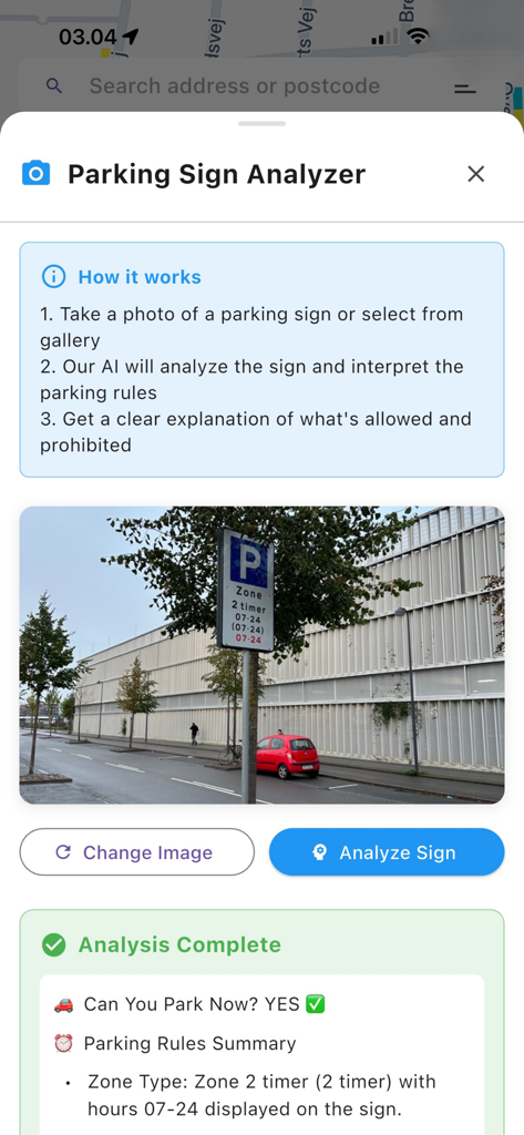 Legal Parking - Legal Parking app interface showing the AI sign analyzer feature interpreting a parking sign in Copenhagen