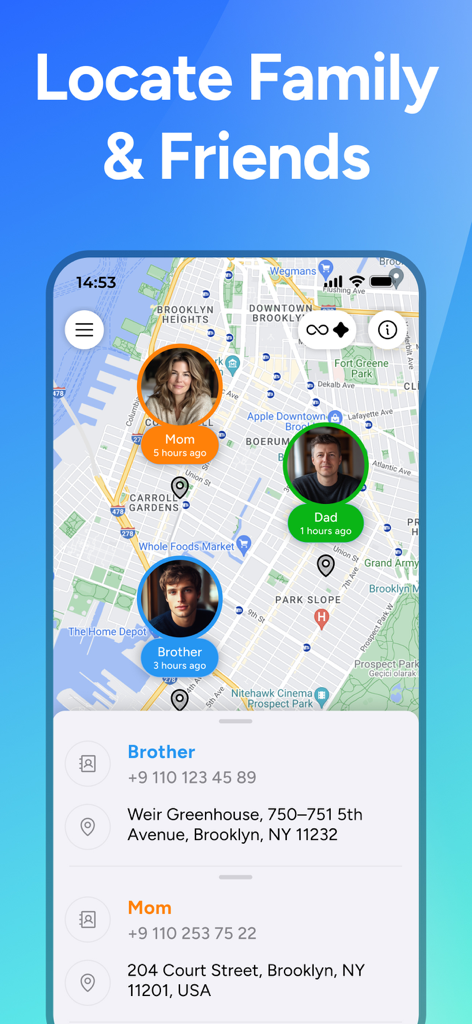 Phone Tracker for Number - Map interface showing GPS locations and addresses of family members in a tracking app