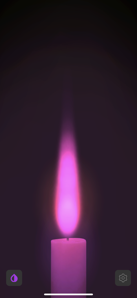 Soonsoon Candle Light - A minimalist mobile screen showing a glowing digital candle with a purple flame for relaxing ambiance
