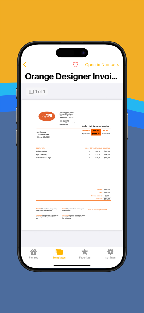Templates for iWork Bundle Ed. - Una plantilla de factura de diseño para Apple Numbers mostrada en la pantalla de un iPhone.