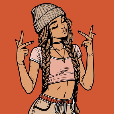 realistic teenage girl with braids and a beanie and crop top doing 🫶🏼