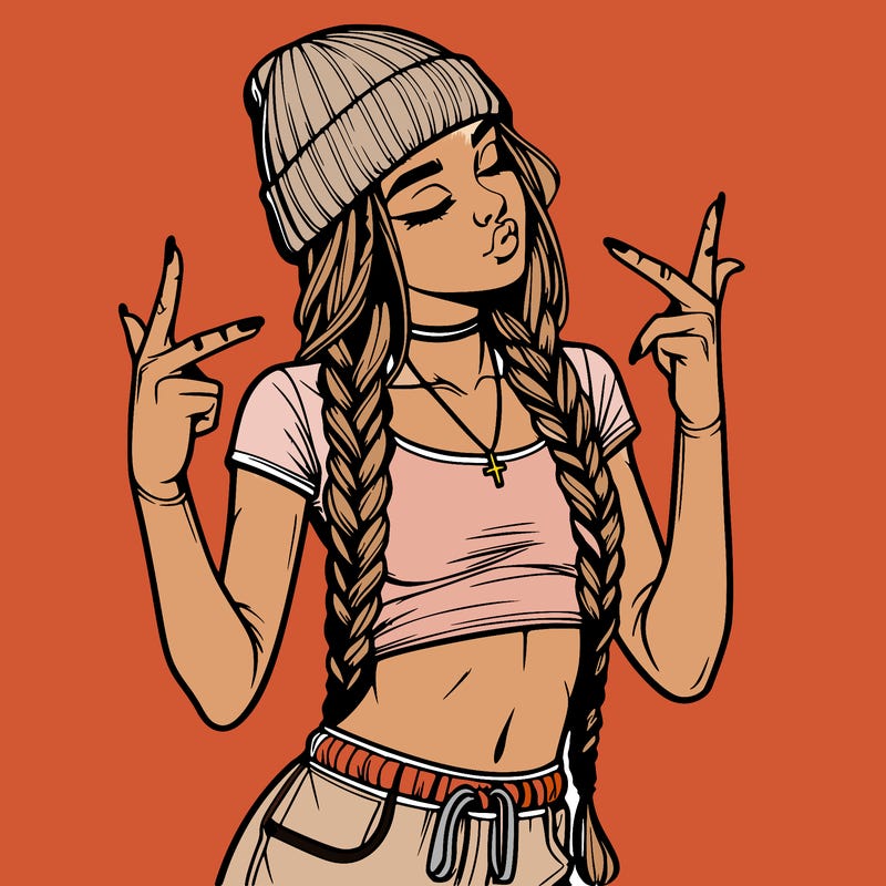 realistic teenage girl with braids and a beanie and crop top doing 🫶🏼