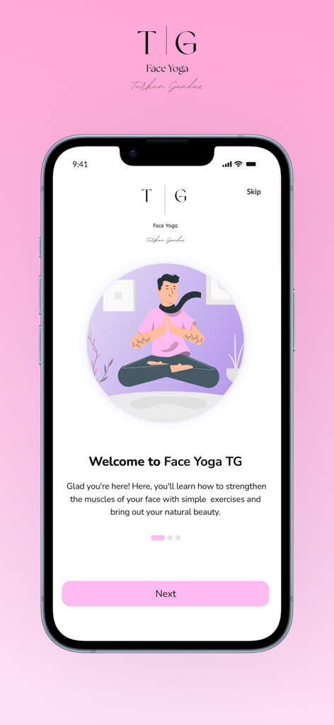Face Yoga TG - Face Yoga TG onboarding screen with a person meditating and a welcome message