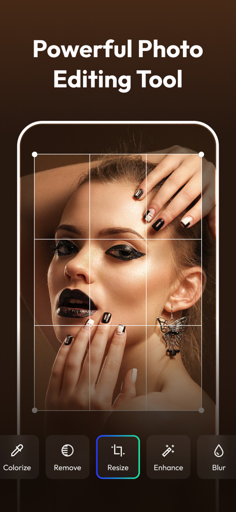 PixelUp: AI Photo Enhancer - PixelUp app interface showing the photo resize and crop tool on a professional portrait
