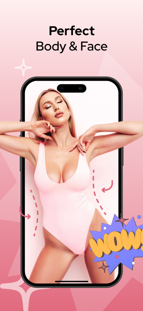Face & Body App: Photo Editor - Una interfaz de aplicación móvil que demuestra funciones de adelgazamiento corporal y edición facial en una modelo femenina