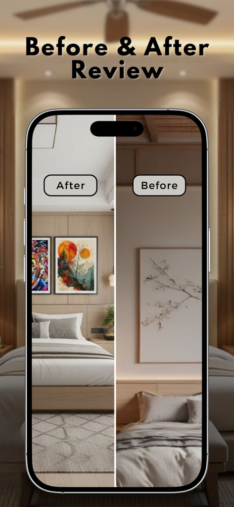 Bedroom AI Decor : Room design - A split-screen comparison on a smartphone showing a bedroom before and after being redesigned with the Bedroom AI Decor app.