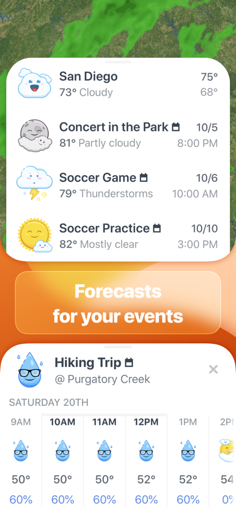 Previsões meteorológicas para eventos específicos do calendário no app Weather Up