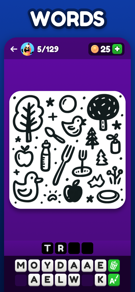 Pictionic: Draw & Guess Words - Gameplay screen of Pictionic app showing a collection of doodles and a letter puzzle to guess a four letter word