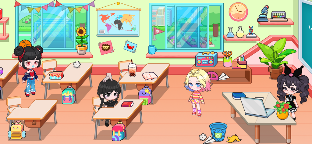 A colorful cartoon classroom scene featuring diverse customizable doll characters and interactive school furniture