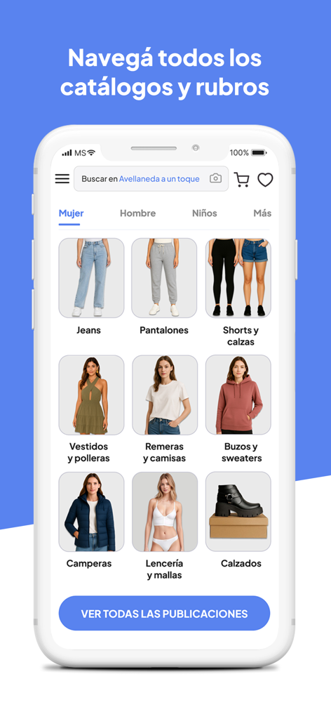 Oberfläche der Avellaneda a un toque App mit Bekleidungskategorien für Damen
