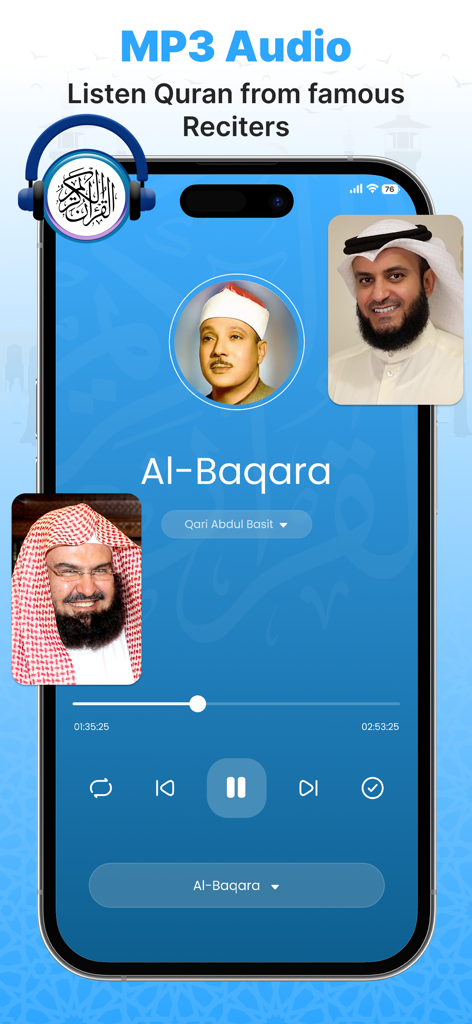 Qibla Finder & Namaz - Quran MP3 audio player screen showing reciters and playback controls for Al Baqara