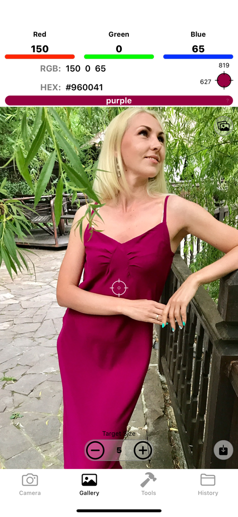 Colorimeter App - Interface do App Colorímetro identificando uma cor roxa de uma foto de galeria com códigos RGB e HEX