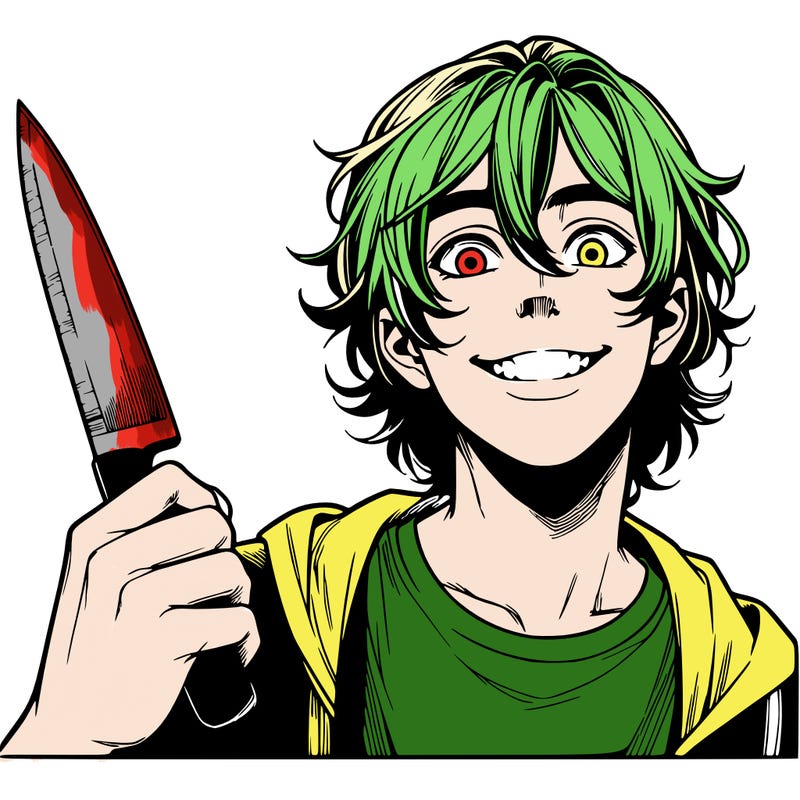 teenage realistic guy with long ish hair holding a knife and has a big grin