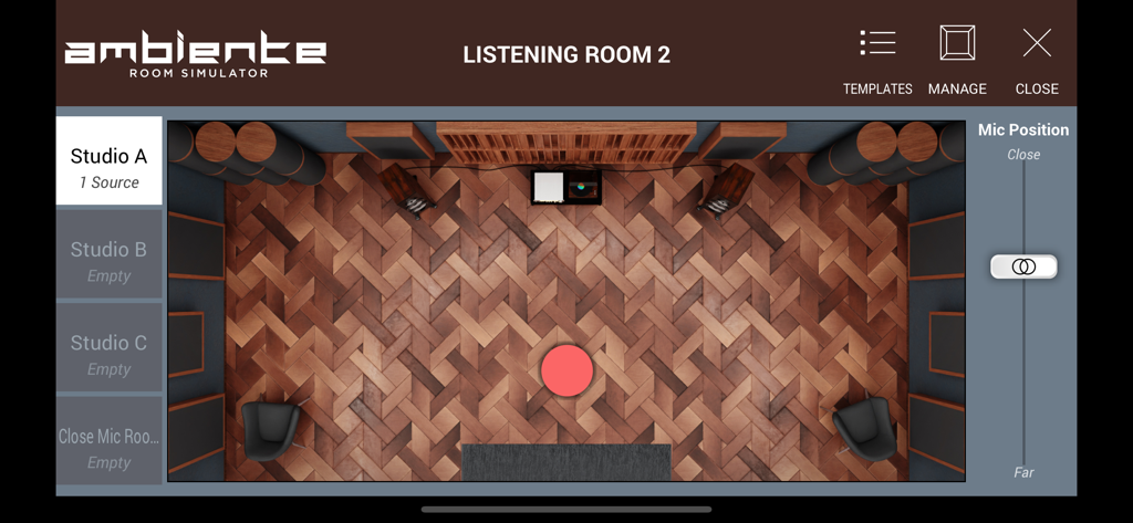 Ambiente room simulator interface in the SWAM Double Bass app showing a virtual studio acoustics layout