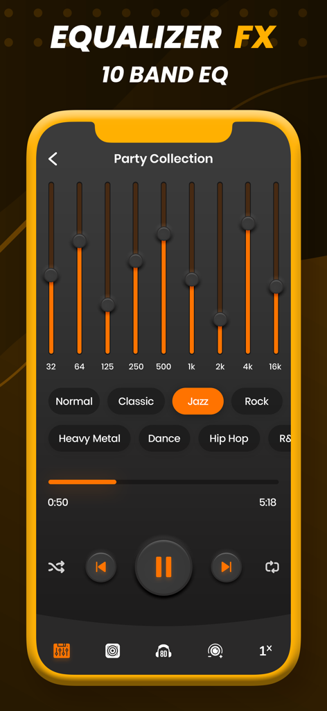 Equalizer Fx : Volume Booster - A mobile app screen showing a 10-band audio equalizer with orange sliders and music genre presets.