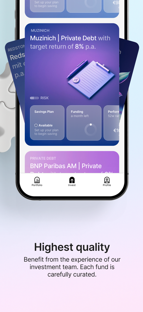 NAO Co-Investment - Mobile app interface of NAO Co-Investment showing private debt investment options and fund performance details.