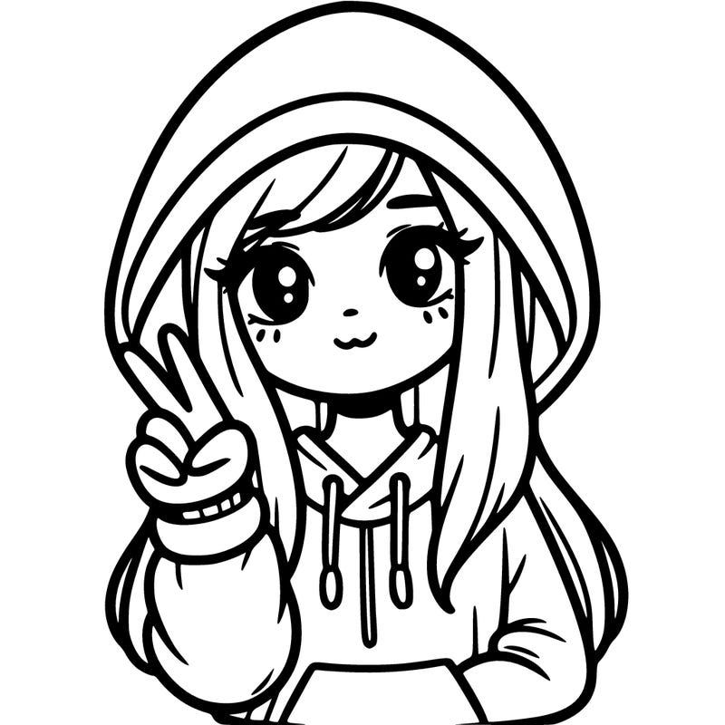 girl with a peace sign wearing a hoodie