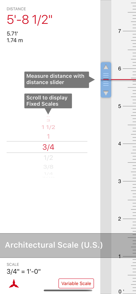 Scala Architectural Scale - Interface of the Scala Architectural Scale app showing a fixed scale selection and distance measurement in multiple units