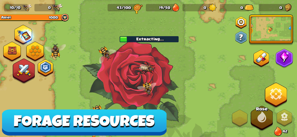 Pocket Bees: Colony Simulator - Bees extracting resources from a large red rose in the Pocket Bees mobile game