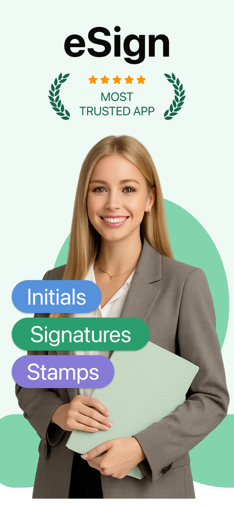 eSign: Fill & Sign Docs - Professional woman holding a document folder showcasing eSign app features for initials signatures and stamps