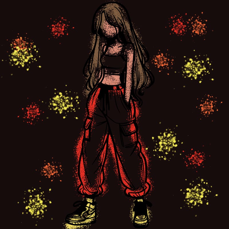 girl in baggy pants crop top and long hair