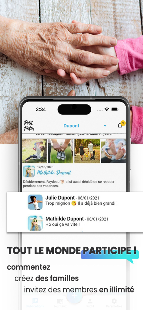 Un smartphone affichant l'interface de l'application Petit Potin avec des photos de famille partagées et des commentaires des membres