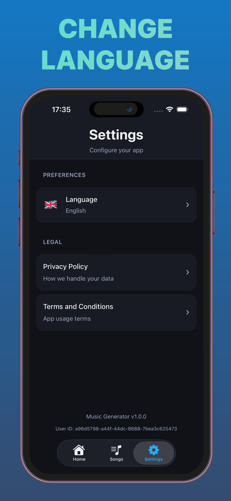 Pantalla de configuración de la aplicación Make music AI que muestra la selección de idioma y las opciones de política legal.