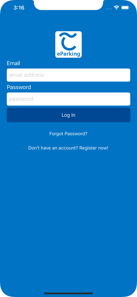 Tipperary eParking - Login screen of the Tipperary eParking mobile app