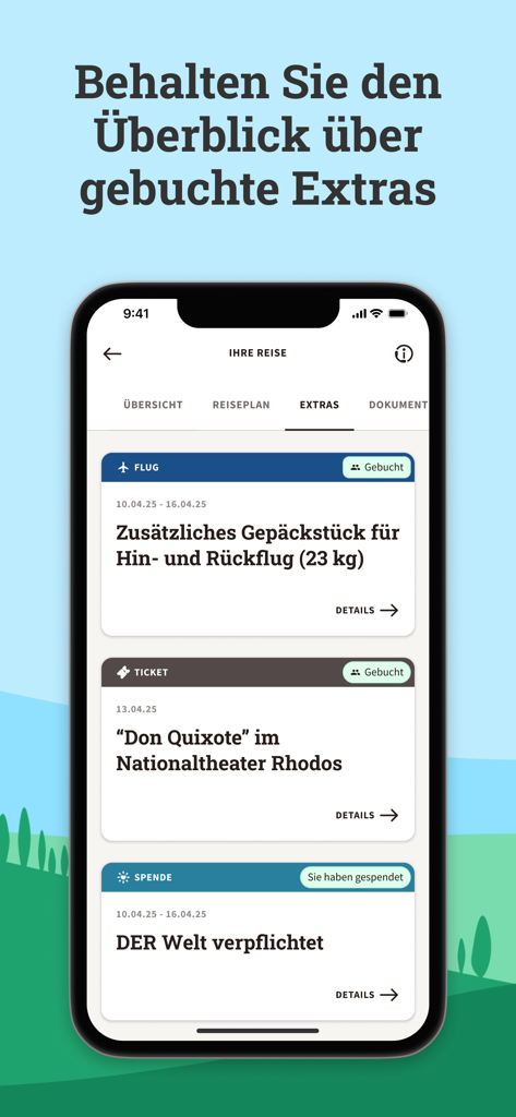 MyDERTOUR | Reisebegleiter - User interface of the MyDERTOUR app listing booked travel extras such as extra baggage and local activity tickets.