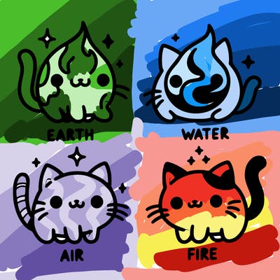 4 cats that represent the different elements, earth, water, air, and fire