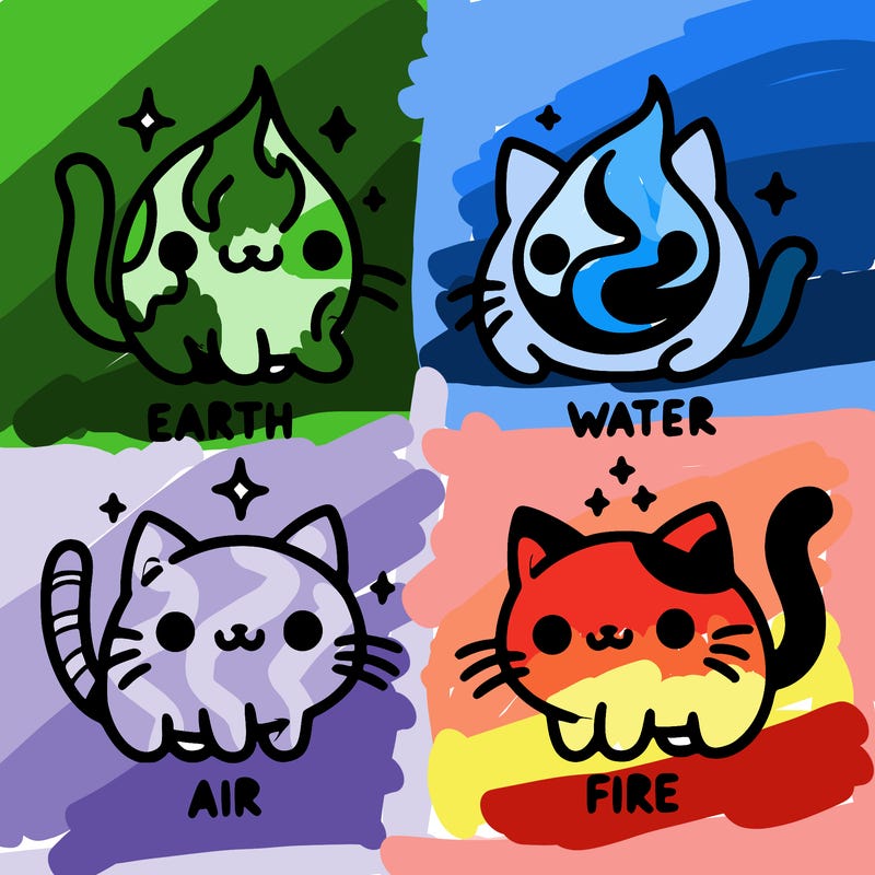 4 cats that represent the different elements, earth, water, air, and fire