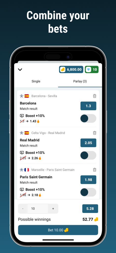 Betoven - Sports Betting - Interfaz de la aplicación Betoven que muestra una apuesta combinada con múltiples partidos de fútbol y cálculo de posibles ganancias