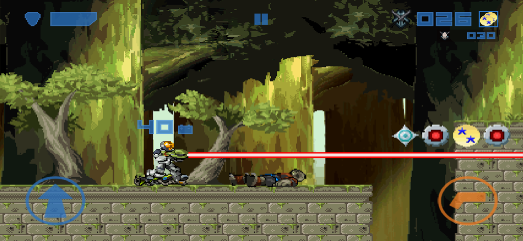 Spartan Runner. - Spartan character firing a red laser in a 2D retro jungle environment