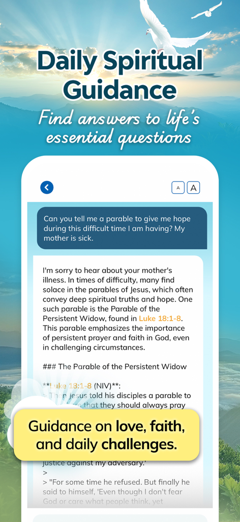 Bible Chat: Study・Daily Verse - Bible Chat app interface showing a user asking for spiritual guidance and receiving an AI response with a biblical parable.
