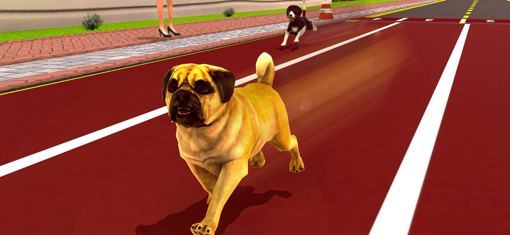 Family Pet Life Dogs Simulator - Un pug y otro perro corriendo en una pista roja en un juego de simulador de mascotas